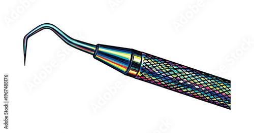 Close-up of a dental explorer probe with a colorful, patterned handle