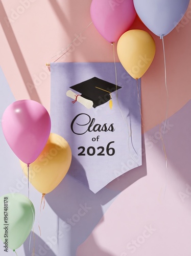 Celebrating Graduation With Colorful Balloons and a Cap Against a Pastel Back...