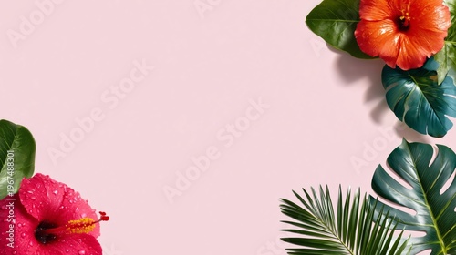 Bright Flowers and Tropical Leaves Surround a Plain Pink Background for a Summer Theme Display