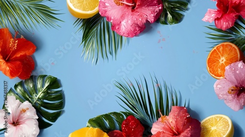 Bright Flowers and Tropical Leaves Surround a Plain Pink Background for a Summer Theme Display