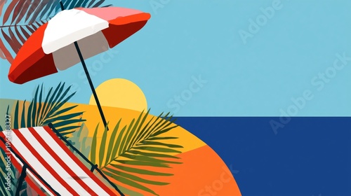 Umbrella and Chair on a Beach With Sunset and Sea View