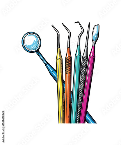 Set of colorful dental instruments including a mirror and probes for oral care