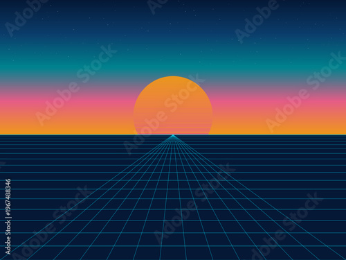 80s Retrowave Sun Horizon Perspective Grid Poster Art
