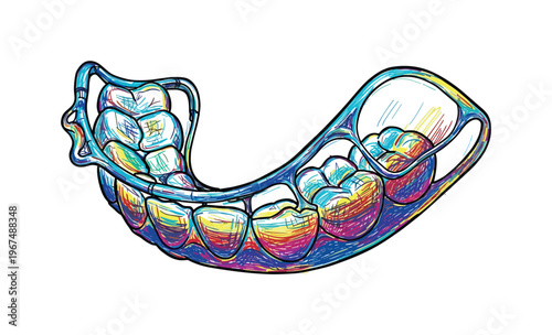 Colorful artistic illustration of an orthodontic retainer with teeth on a white background