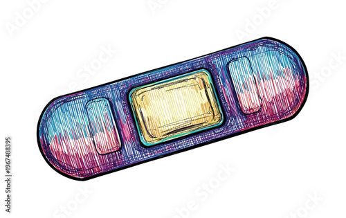 Hand-drawn adhesive bandage with colorful cross-hatching and yellow gauze pad
