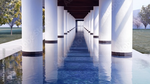Water Runs Between Columns in a Long Corridor With a View of Greenery in the ...