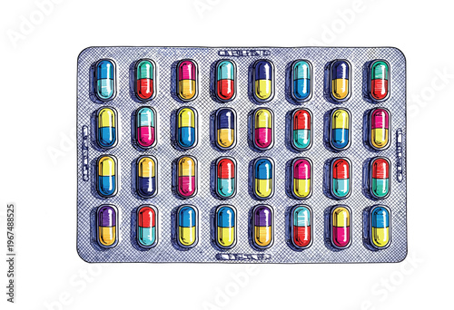 Colorful capsule pills neatly arranged in a blister pack for medical treatment