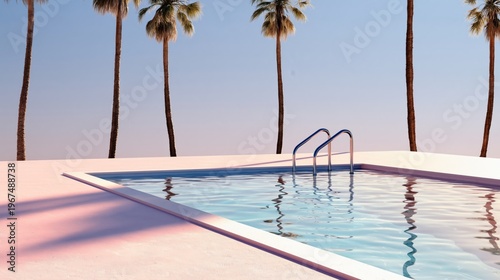 Poolside View With Palm Trees Under Clear Sky at Sunset Hour Near Water
