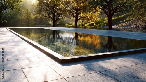 Clear Water Reflects Sunlight in a Swimming Pool Surrounded by Greenery