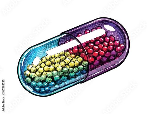 Translucent capsule filled with colorful small spheres, representing medication or supplements