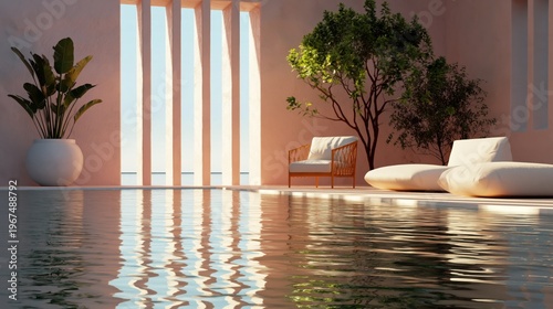 Poolside View With Palm Trees Under Clear Sky at Sunset Hour Near Water