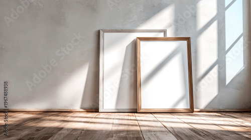 Two empty frames leaning against wall, sun illuminating wooden floor, creating inviting minimalist room scene