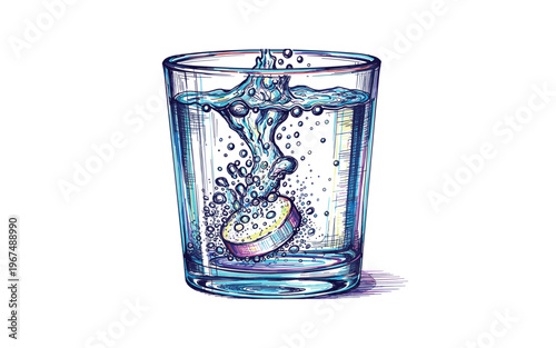 Effervescent tablet dissolving in a glass of water creating bubbles and splash