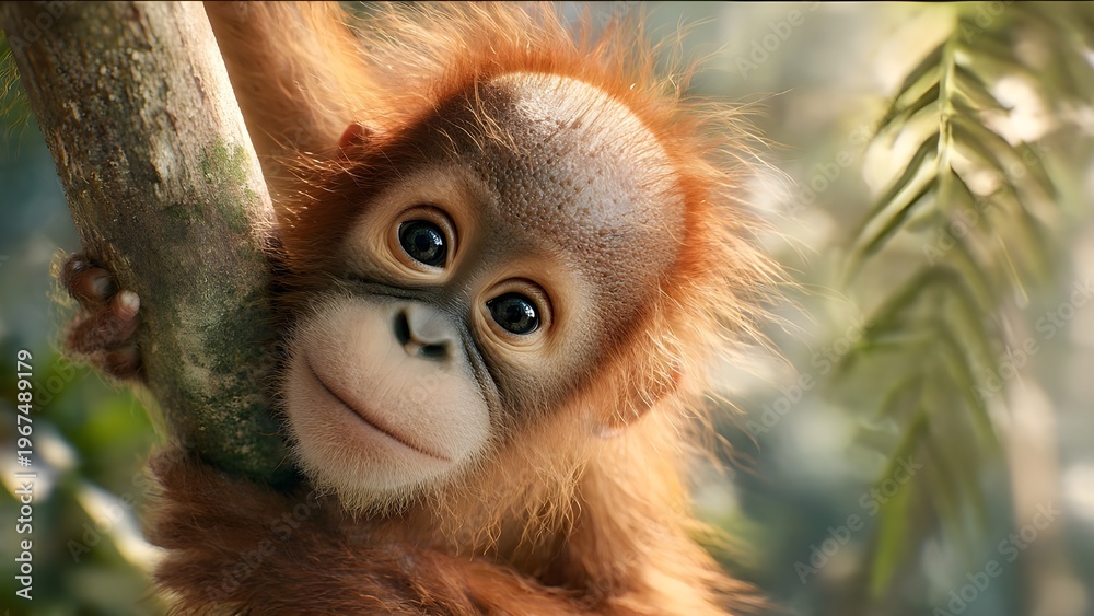Obraz premium Playful young orangutan posing beside a tree in a vibrant tropical rainforest.