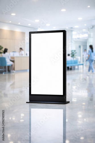 Blank digital health check information board mockup in modern clinic waiting room