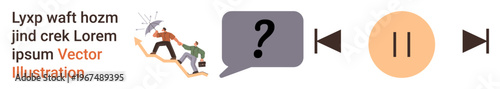 Business teamwork, problem-solving, decision-making, communication strategies, leadership, icon usage concepts. A group climbing stairs with help, speech bubble and symbols. Teamwork