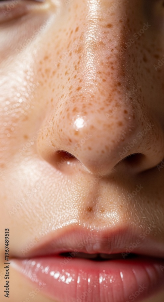 Naklejka premium Close-up shot of the center of a face showing a freckled nose and slightly parted lips.