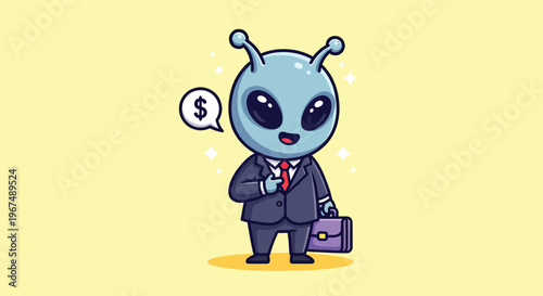 Cute Alien Businessman Holding Briefcase and Thinking About Money.