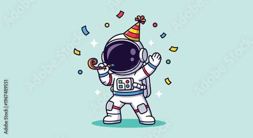 Cute astronaut celebrating a birthday with party hat and confetti.