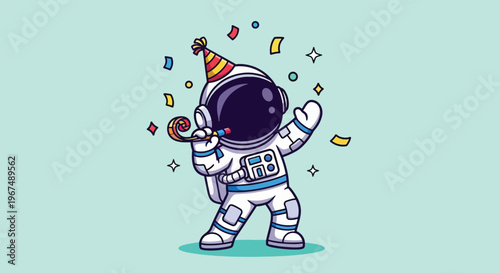Cute Astronaut Celebrating Party with Confetti and Party Hat.