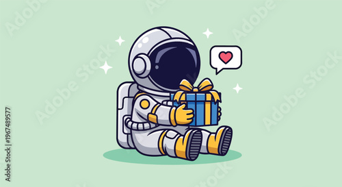 Cute Astronaut Holding a Gift Box with Heart Icon.