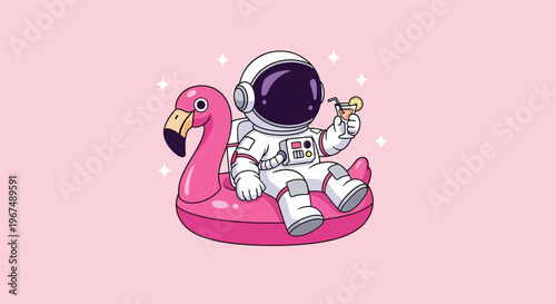 Cute Astronaut Relaxing on Flamingo Inflatable with Drink.