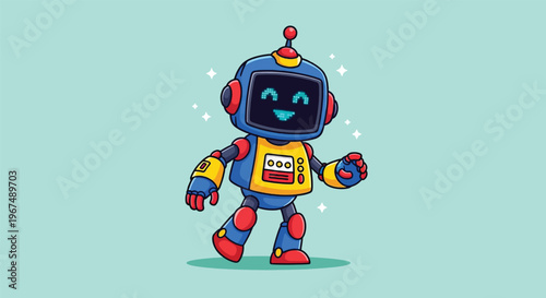 Cute cartoon robot character illustration with happy face.
