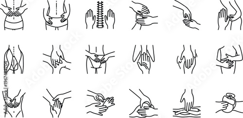 Line drawing illustrations of various human body parts and hands performing actions on the body  human anatomy and physical therapy concepts