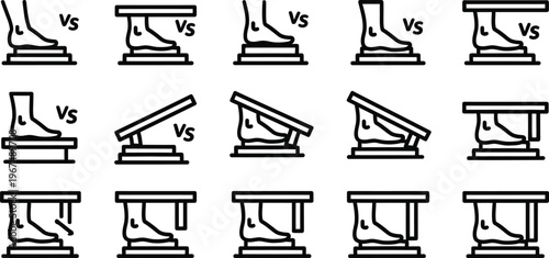 Line drawing of 12 sets of ankle anatomy with bench for support  comparison of positions