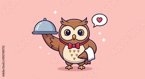 Cute Cartoon Owl Waiter Serving Food with Love Heart Icon.