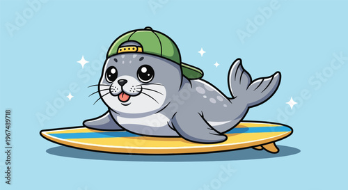 Cute cartoon seal wearing a green cap on a surfboard in a playful illustration.