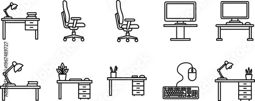 Line drawing office furniture and equipment icons including desks chairs computers and lamps for business workspace decoration and design
