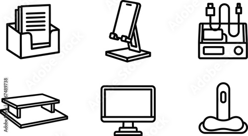 Line drawings of office equipment and devices  paper tray  phone stand  electronic device  document scanner  computer monitor  power adapter