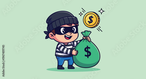 Cute Cartoon Thief Holding Money Bag and Coin Vector Illustration.