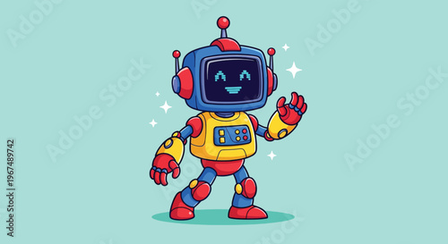 Cute Cartoon Robot Waving Hello.