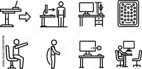 Line style icons of people working on computer at desk with various postures and equipment  office furniture and technology