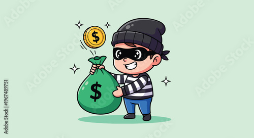 Cute Cartoon Thief Holding Money Bag and Coins Vector Illustration.