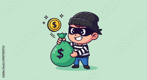 Cute Cartoon Thief Holding Money Bag and Coins.