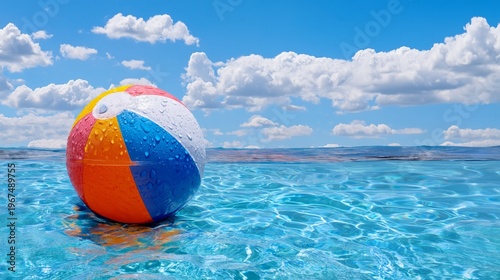 Colorful Fruit and Inflatable Ring Float in Blue Water on a Sunny Day in Summer
