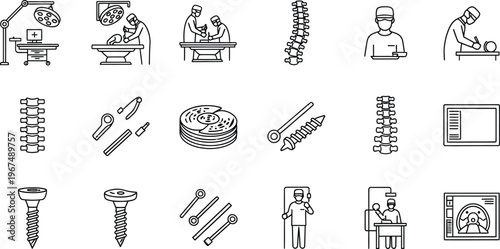Line icons set of medical and construction tools and people  doctors nurses and workers with surgical equipment and hardware