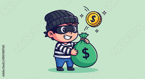 Cute Cartoon Thief Holding Money Bag and Coin.