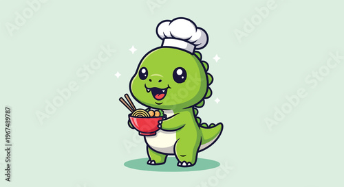 Cute Dinosaur Chef Holding Bowl of Noodles Cartoon Vector Icon Illustration.