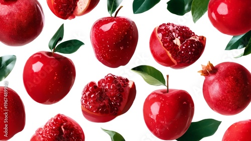 Red Apples and Pomegranates Arranged on a White Background for a Colorful Dis...
