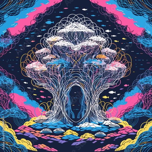 Abstract surreal tree illustration with intricate line art, vibrant colors, and floating fish in a dreamlike space