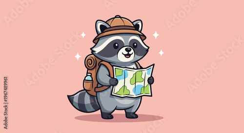 Canvas-taulu Cute Raccoon Traveler with Map and Backpack Ready for Adventure.