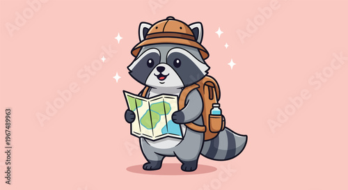 Cute Raccoon Explorer with Map and Backpack.