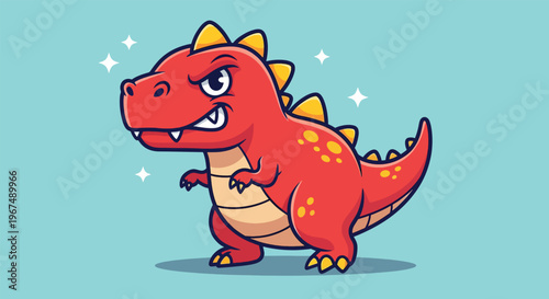 Cute Red Cartoon Dinosaur Illustration with Grumpy Expression.