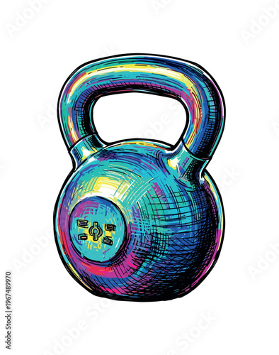 Vibrant kettlebell with a unique, colorful, and artistic design for fitness enthusiasts