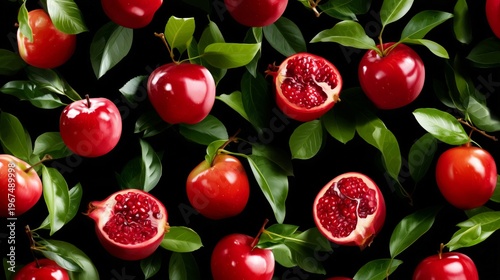 Red Fruits and Green Leaves Create a Vibrant Arrangement on a Dark Background...