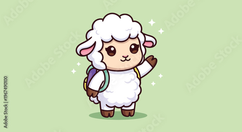 Cute Sheep Character Waving Hello with Backpack.